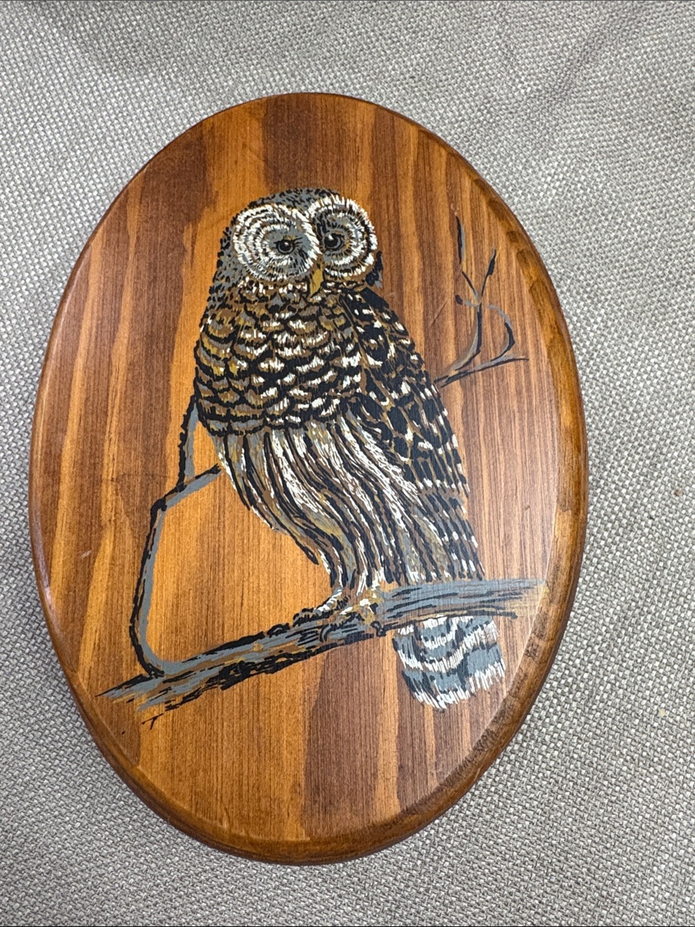 Vintage hand-painted wooden lidded bowl featuring an owl illustration on the top